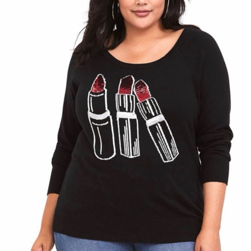 Torrid | Black/Red/Silver Sequin Lipsticks 100% Cotton Pullover Sweater Sz 3X
